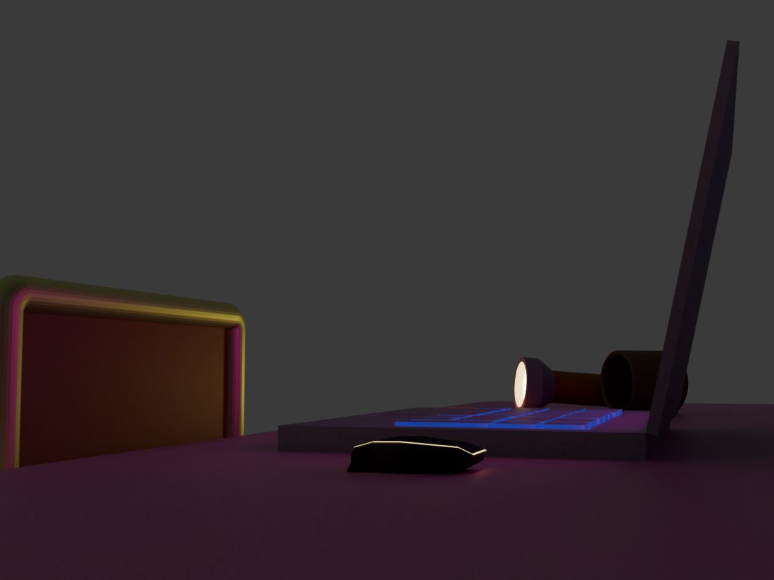 Close render of the modelled laptop on its desk, screen glowing pink.