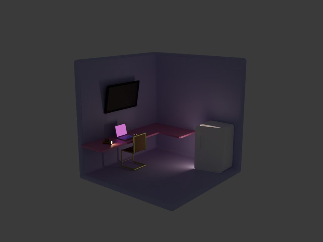 Isometric render of a cutaway room: wall-mounted TV, L-shaped desk, laptop and chair under moody pink lighting.