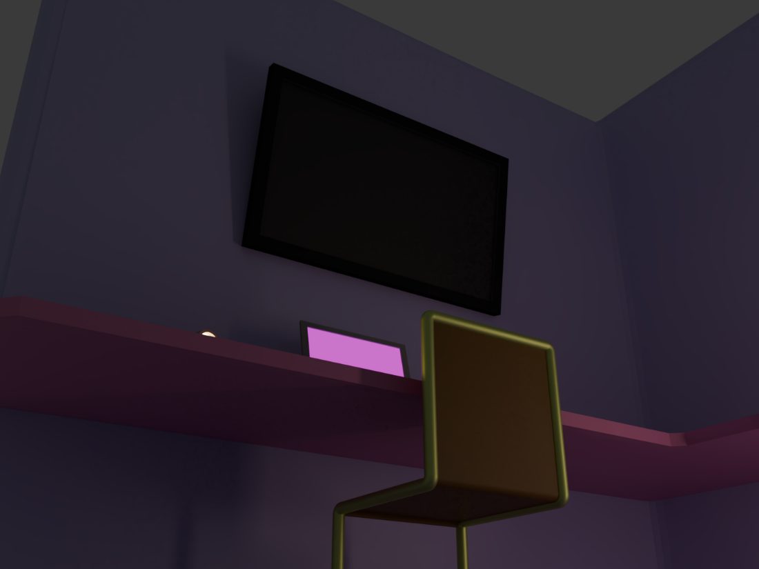 The same room, framed on the wall-mounted television.